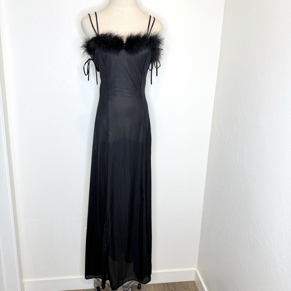Vintage Pandora Lingerie By Chic Small Black Maxi Slip Dress Removable Fur
